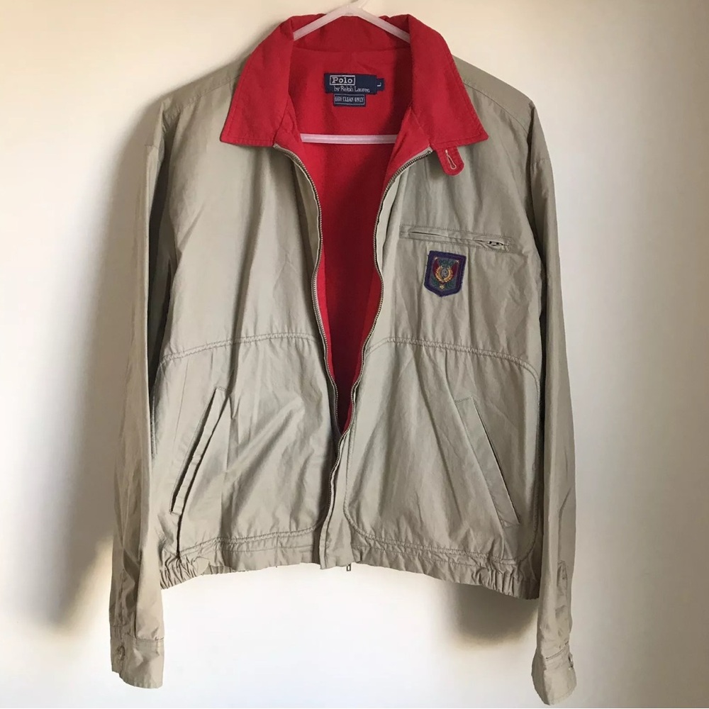 Vintage Ralph Lauren Polo Tan Red Jacket Pockets UNI Crest Logo Mens Large M